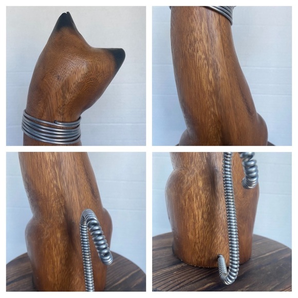 Siamese Cat Wood Statue Hand Carved Mixed    Media Wire Wrapped Art Figurine - Picture 11 of 15